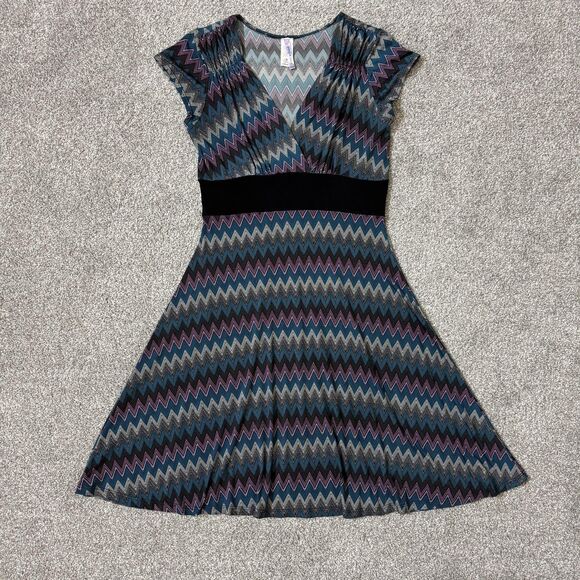 Purple Rain Dress Womens Medium Teal Chevron A-Line V-Neck Made USA 90s Vintage - Picture 1 of 10